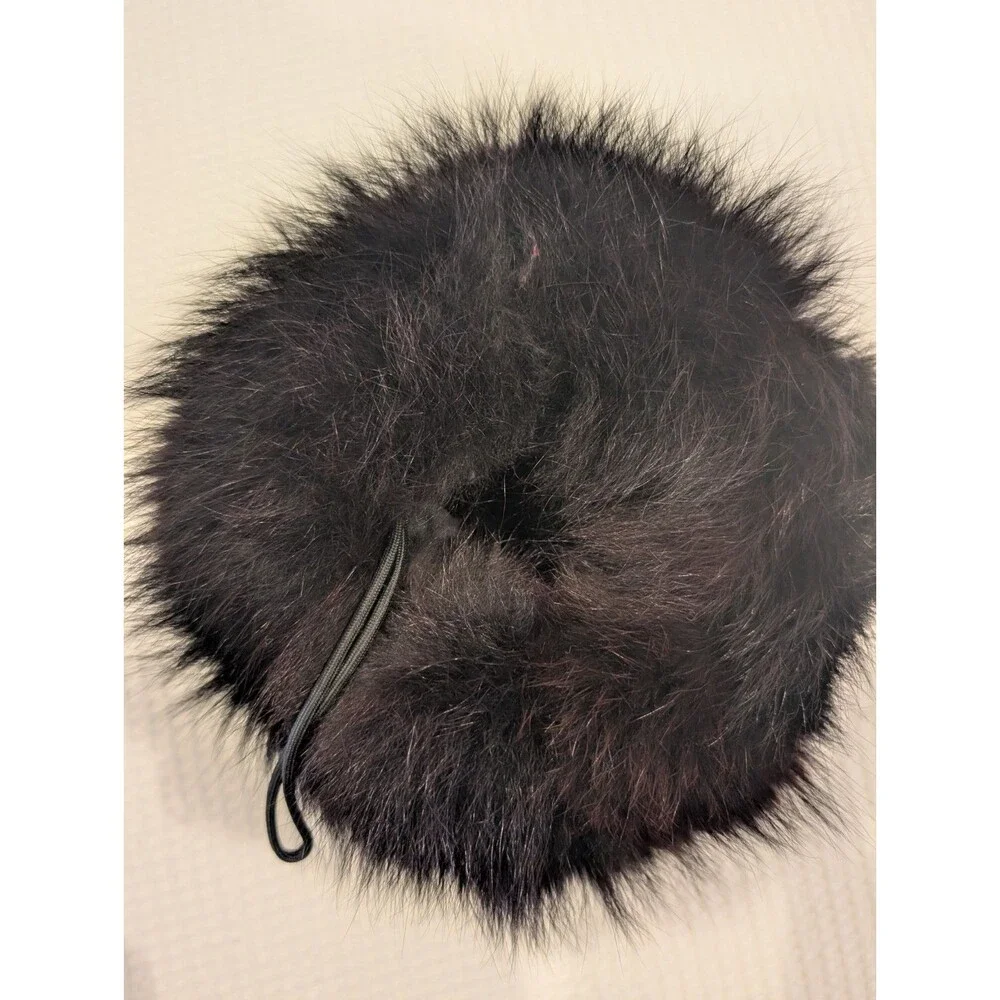 Vintage Black Faux Fur Hand Warmer Muff – Wrist Leash, Satin Lining, Pocket – 11